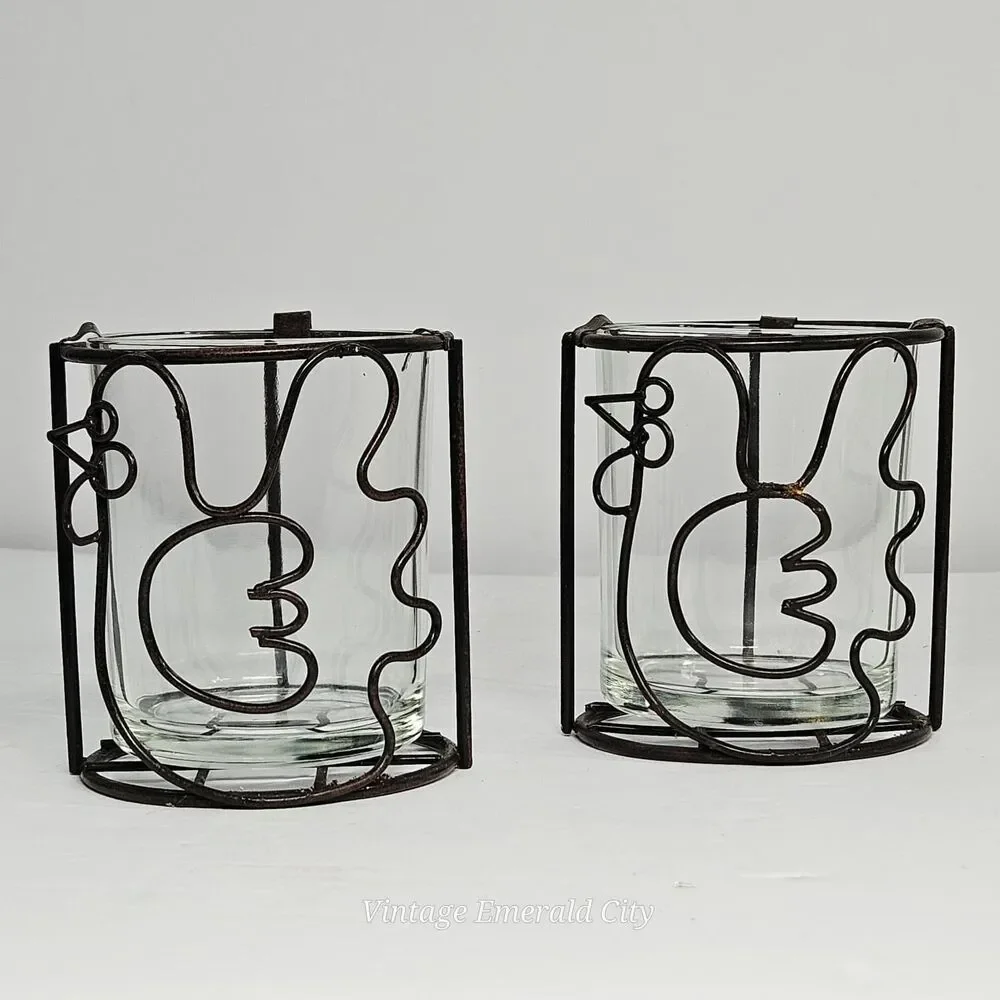 Vtg Chicken Bird Tea Light Votive Candle Holder Clear Glass Rustic Metal Holder